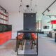 A modern, red and white kitchen